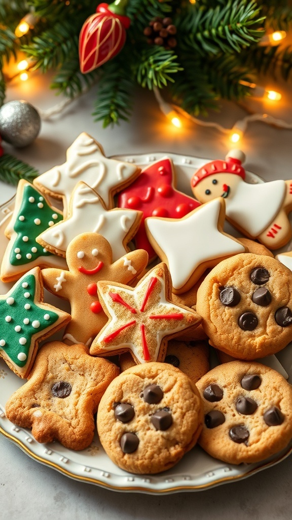 Festive Christmas Cookie Recipes An assortment of colorful Christmas cookies on a decorative plate surrounded by holiday decorations.